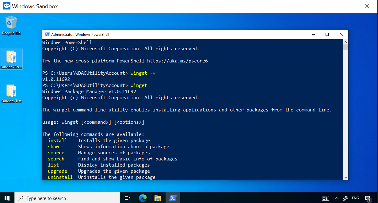 Windows Sandbox session with Windows Package Manager installed