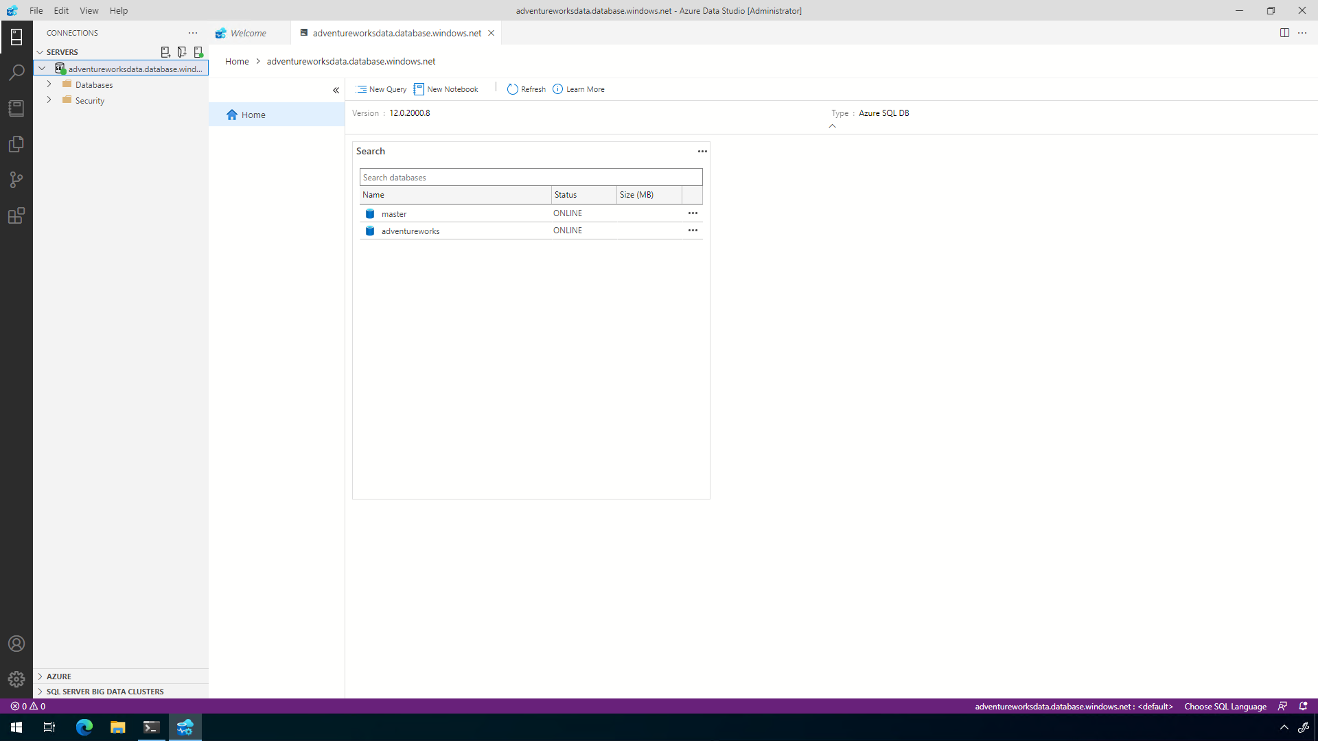 Azure Data Studio Connected