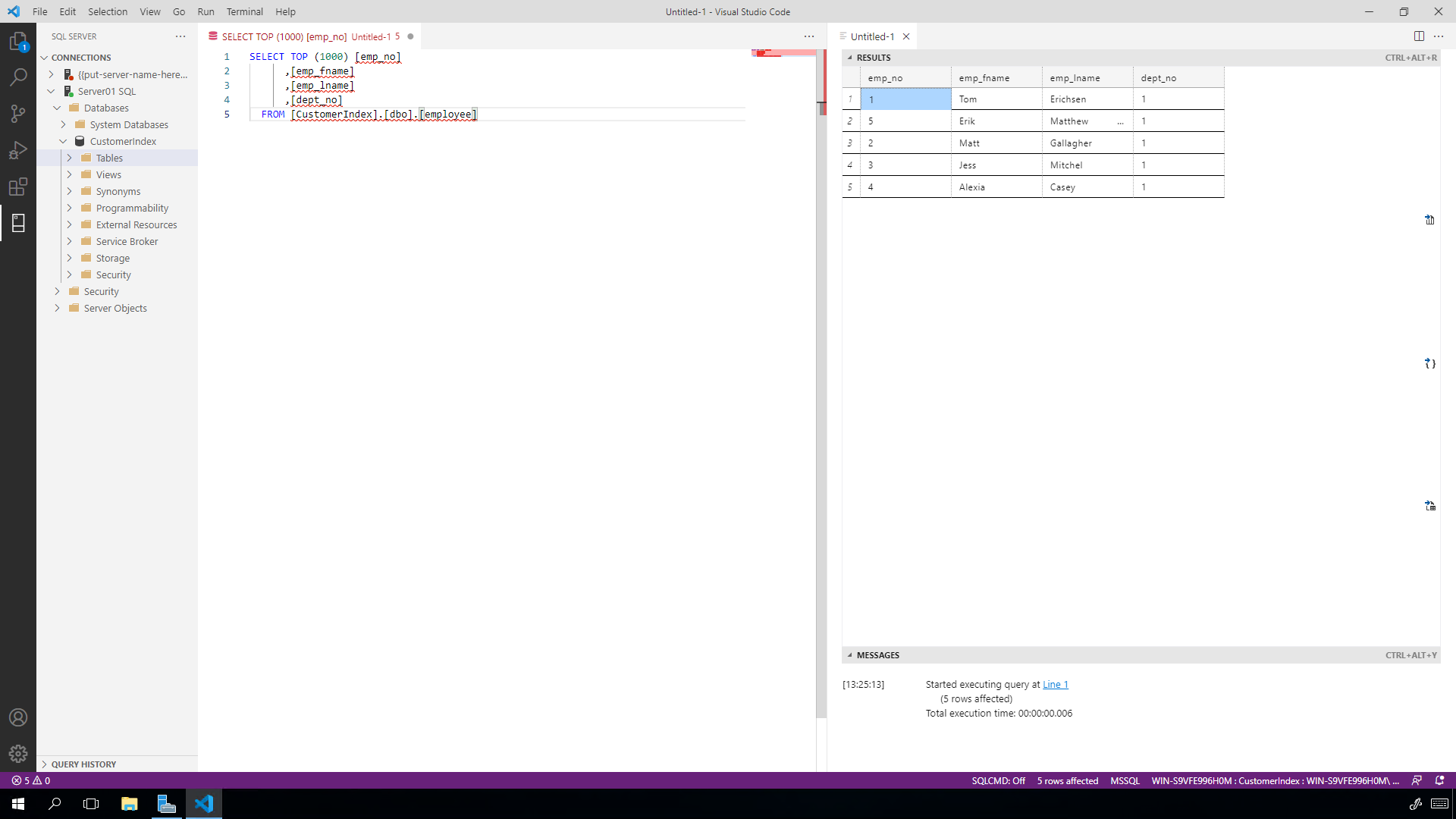 Visual Studio Code performing SQL queries