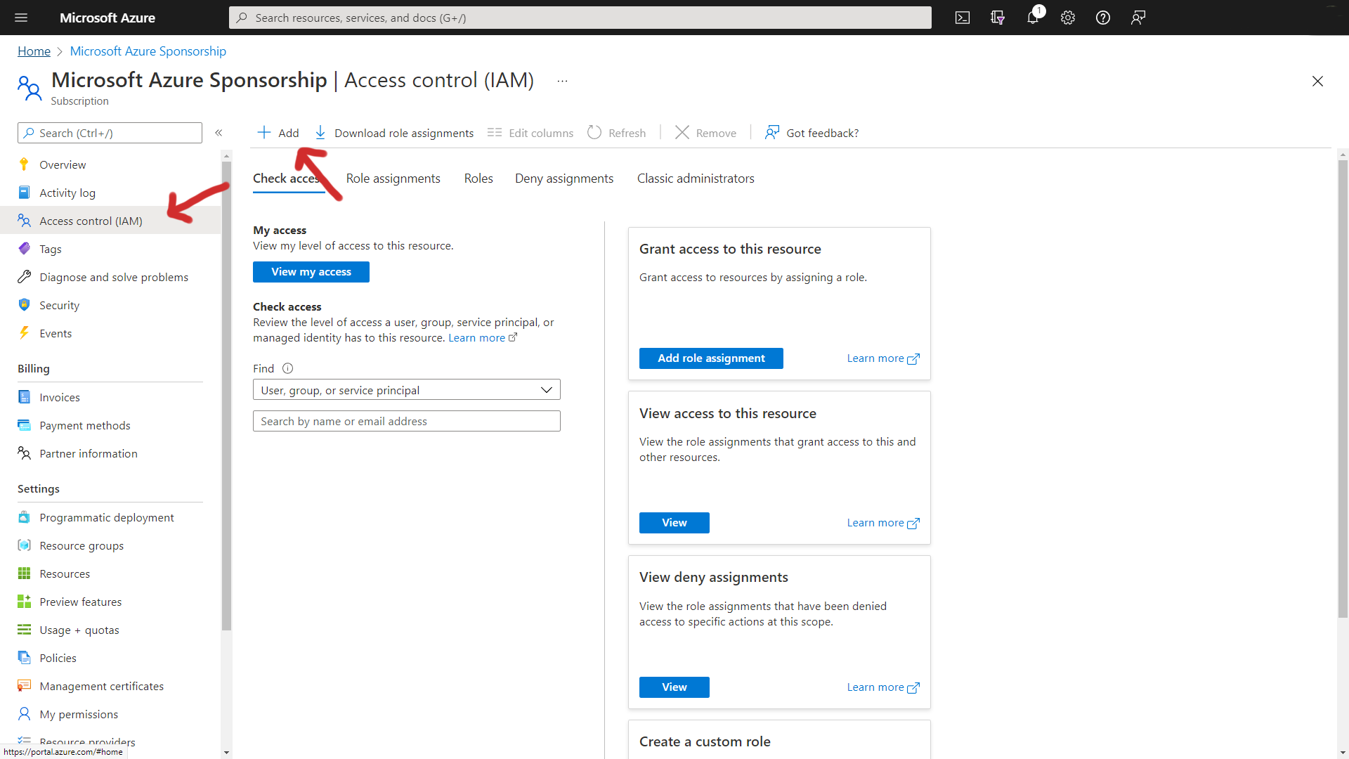 Azure Access Control settings