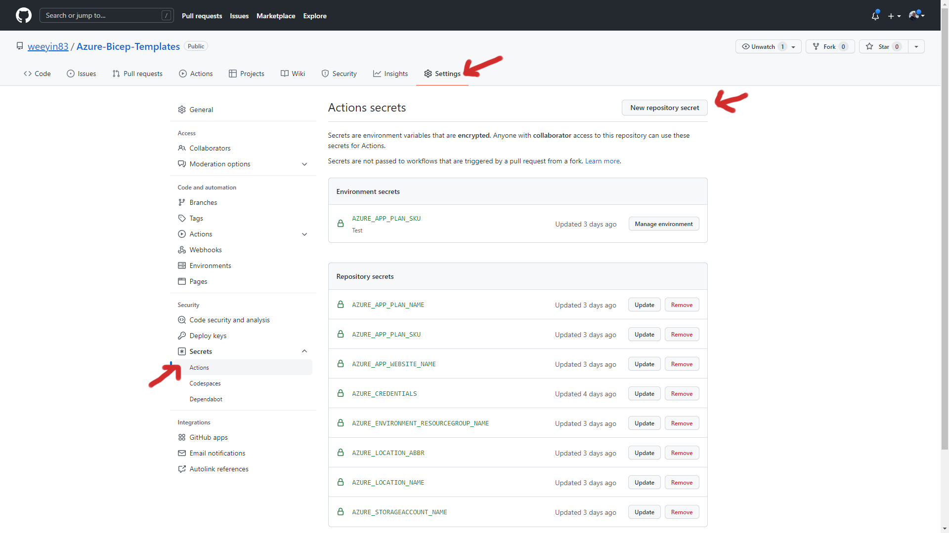 GitHub Secrets settings