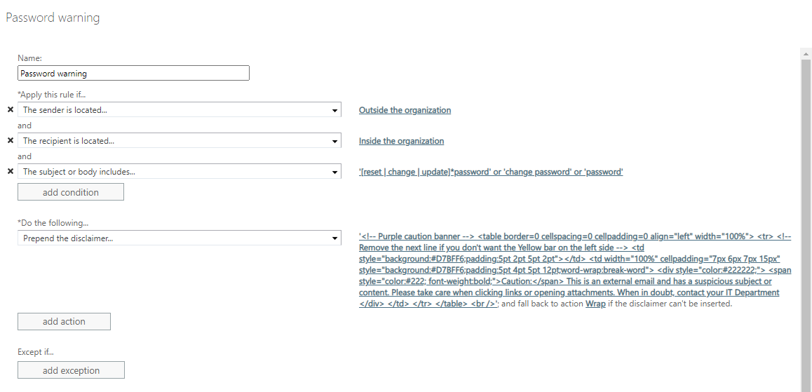 Exchange rule configuration