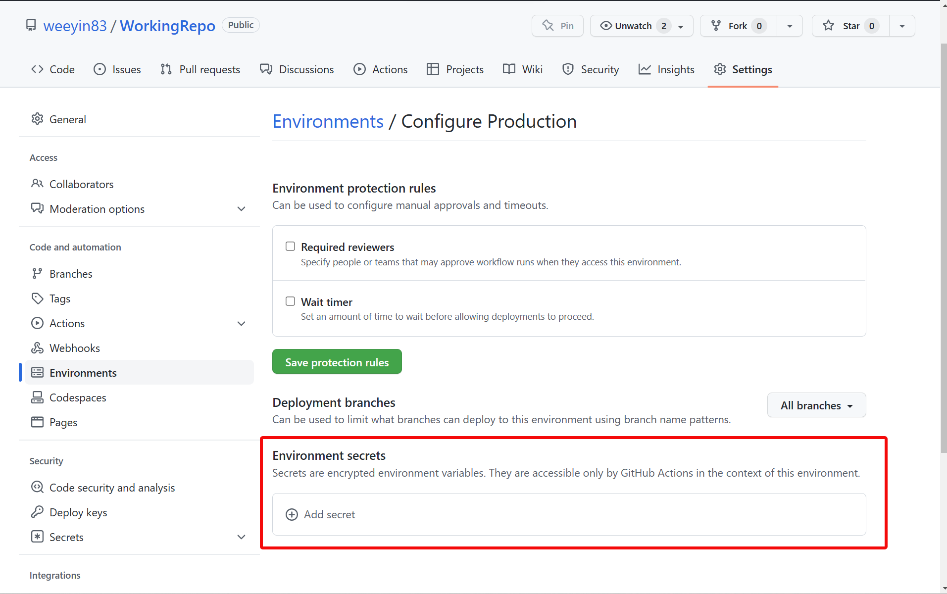 Configure GitHub environment secret