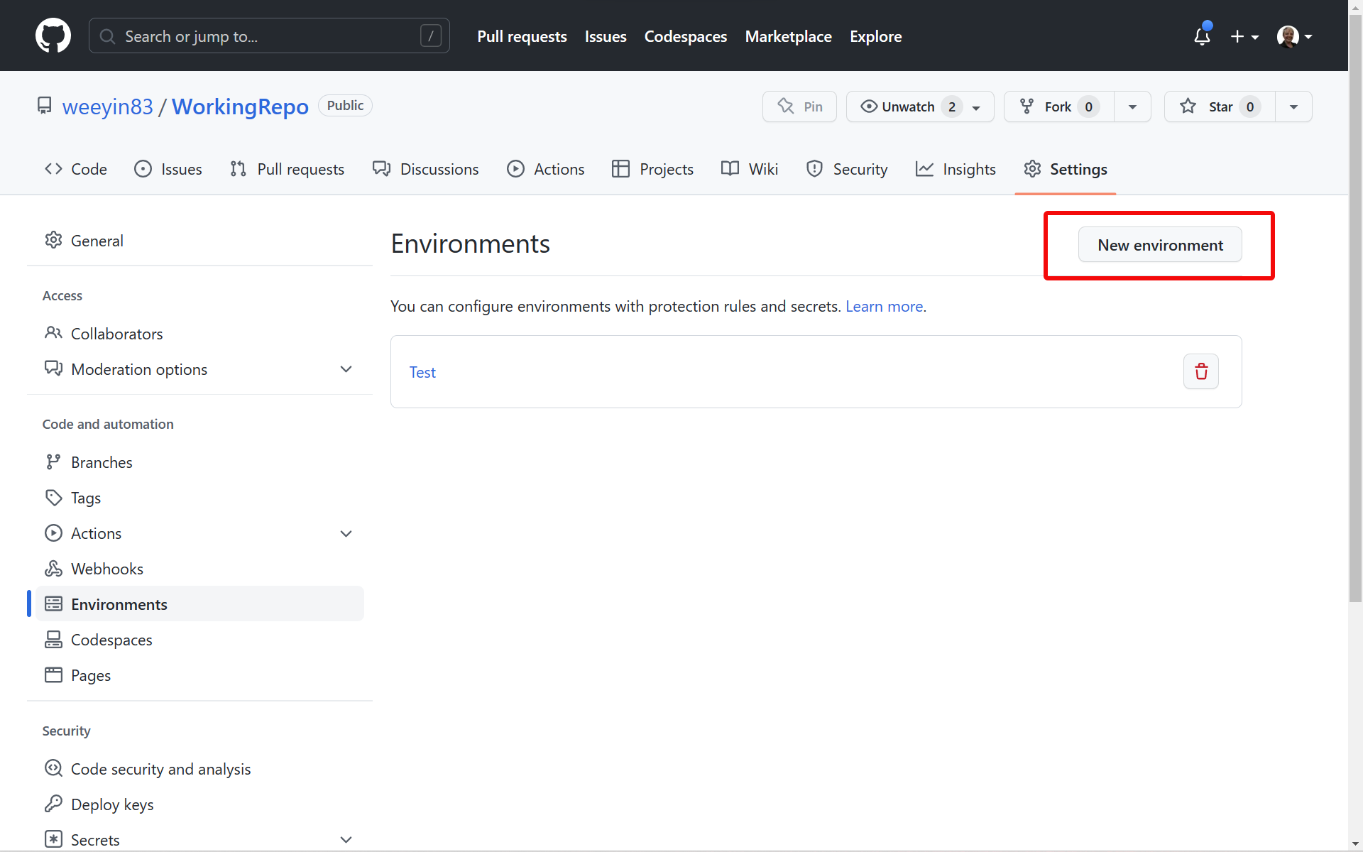 GitHub create new environment