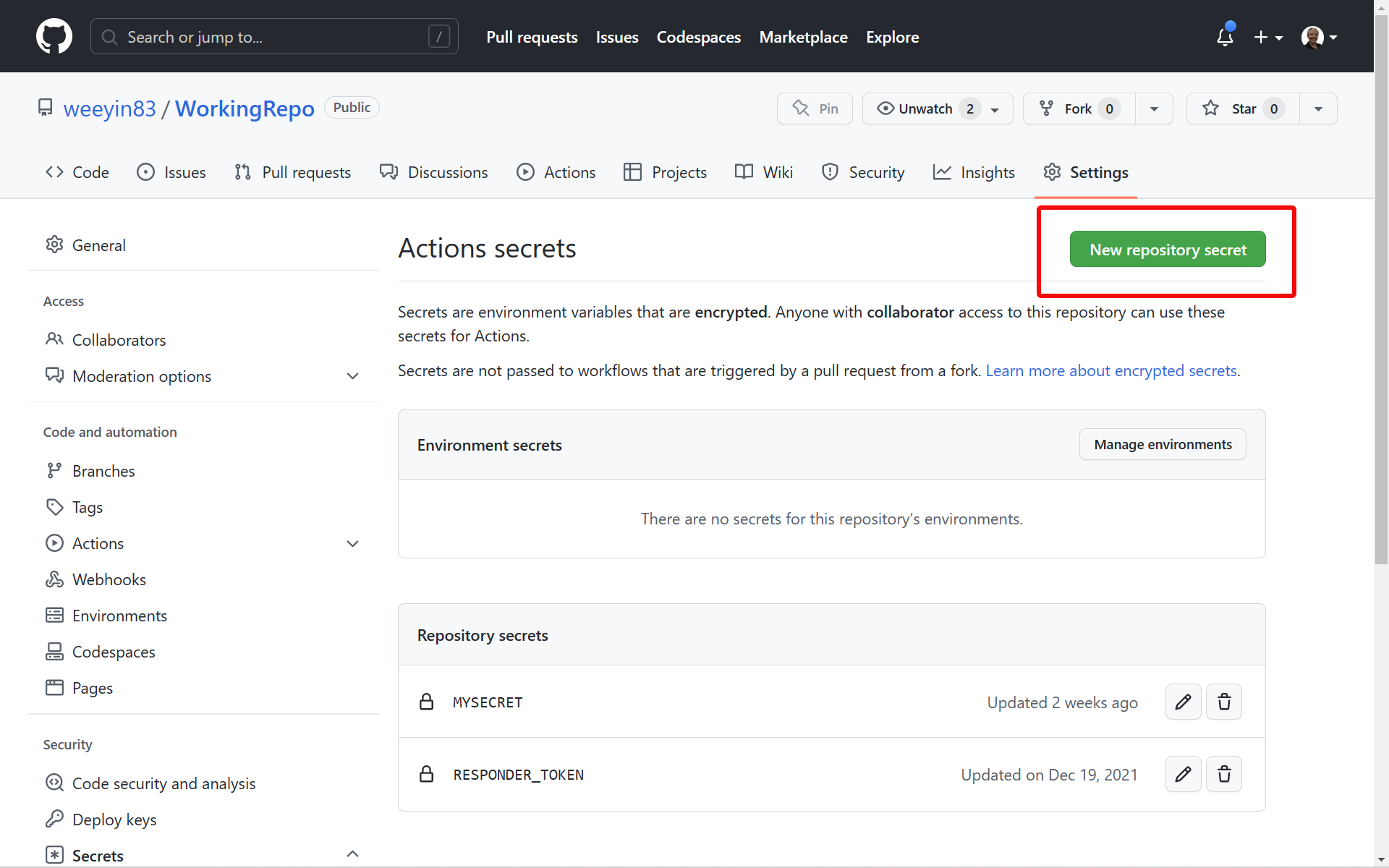 GitHub New repository secret