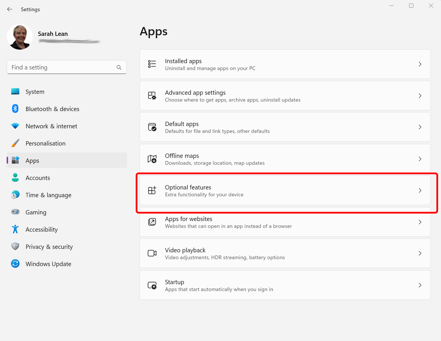 Windows Settings - Apps - Optional Features