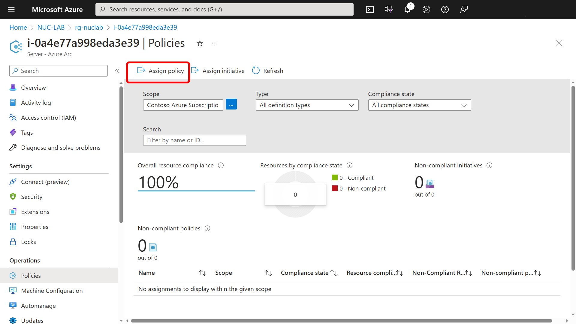 Azure Arc - assign policy to machine