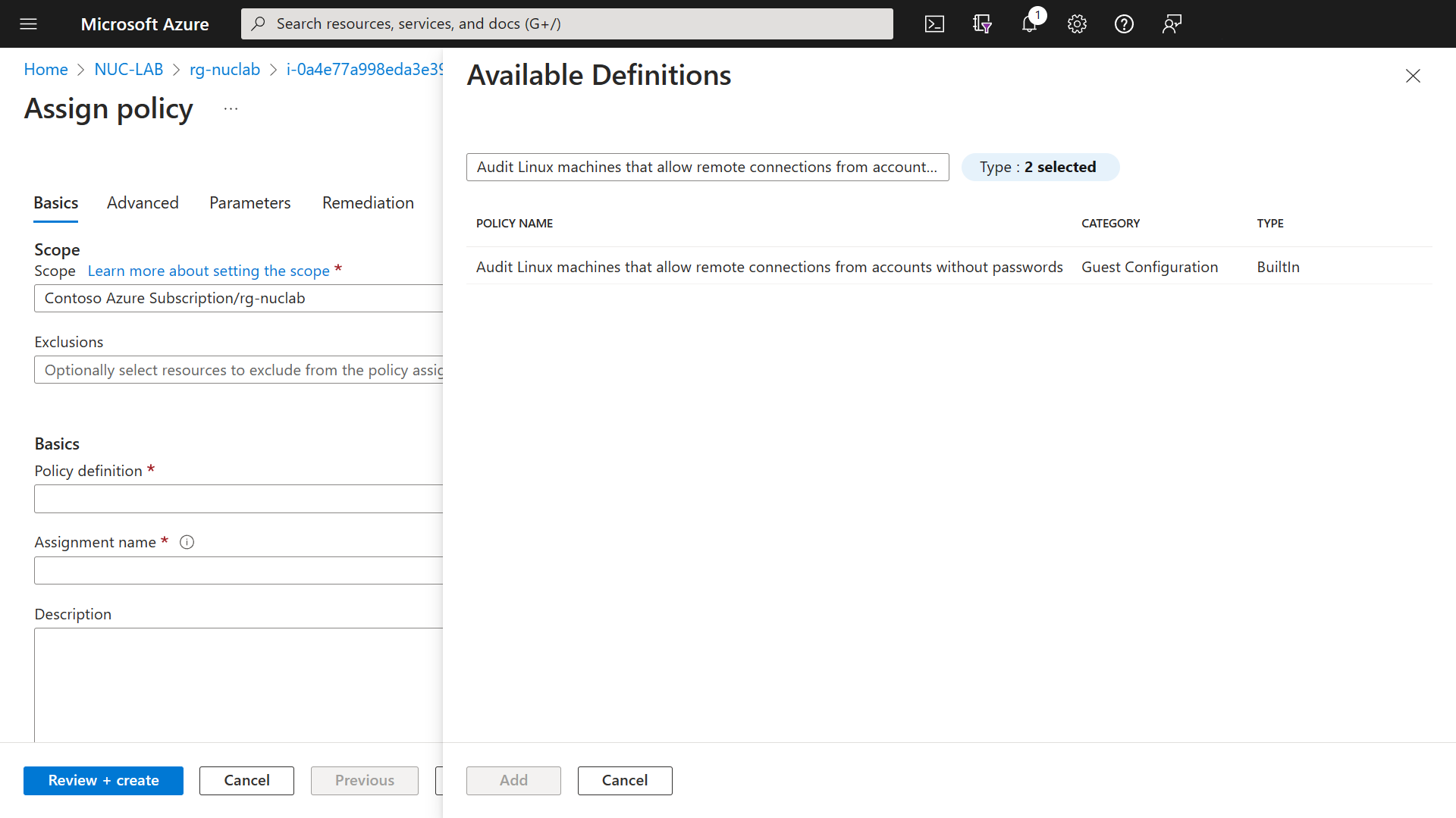Azure Portal - Creating an Azure Policy - selecting policy