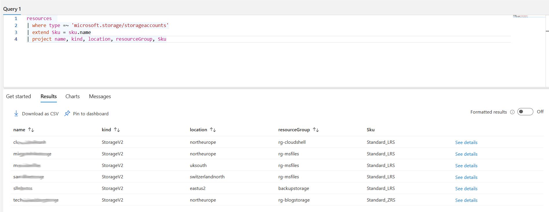 Azure Resource Graph query results