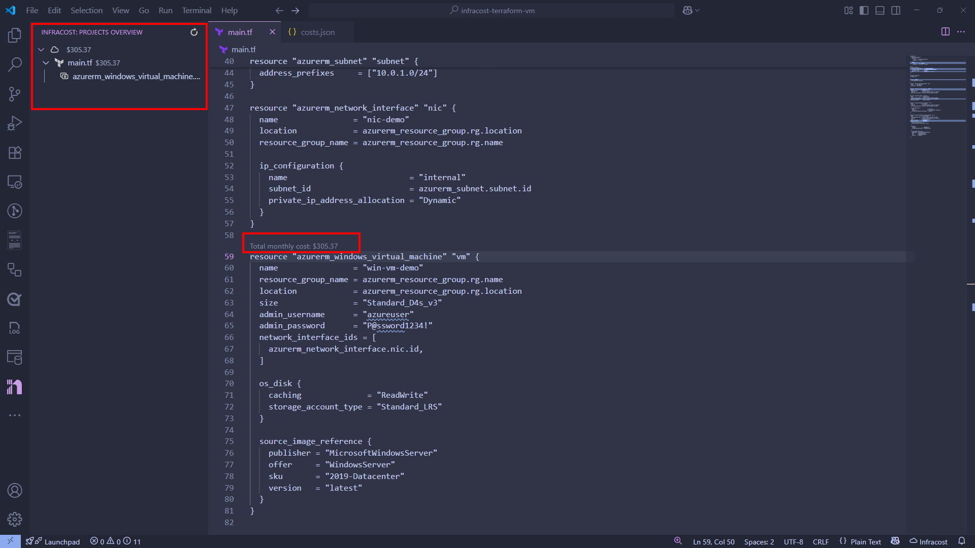 Infracost within VS Code showing estimated costs