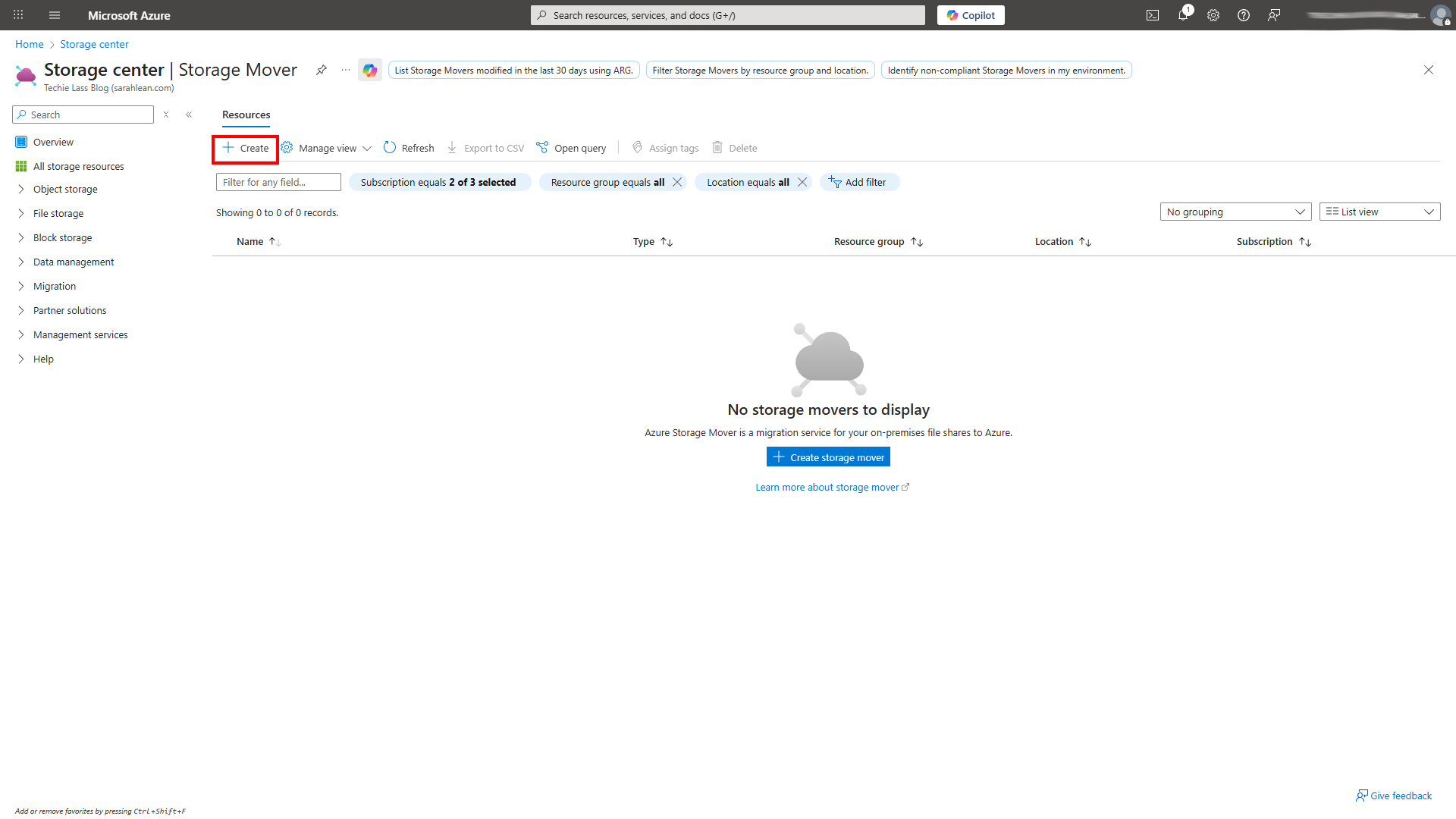 Azure Portal, storage mover
