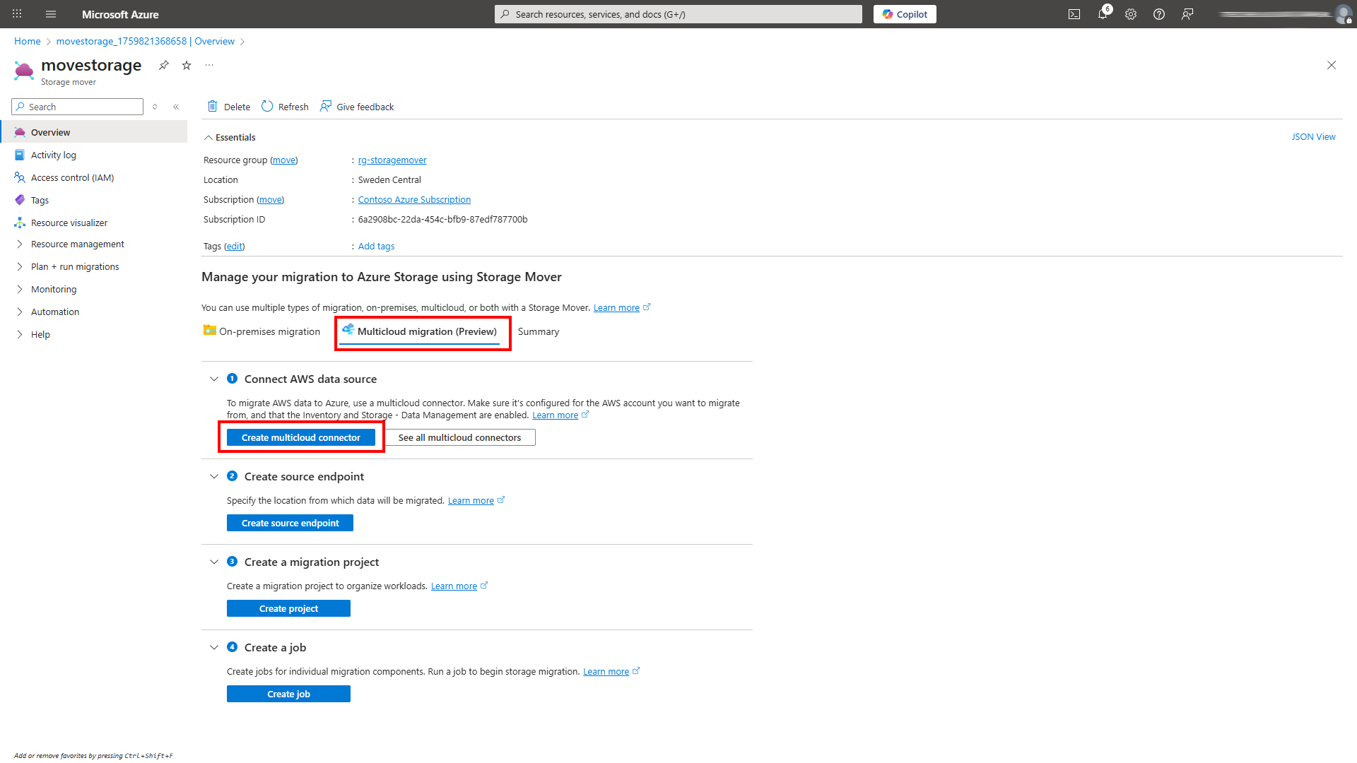 Azure Portal, storage mover