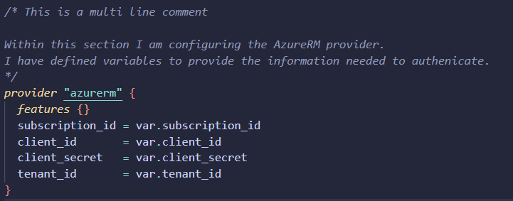 Terraform multi-line comment example